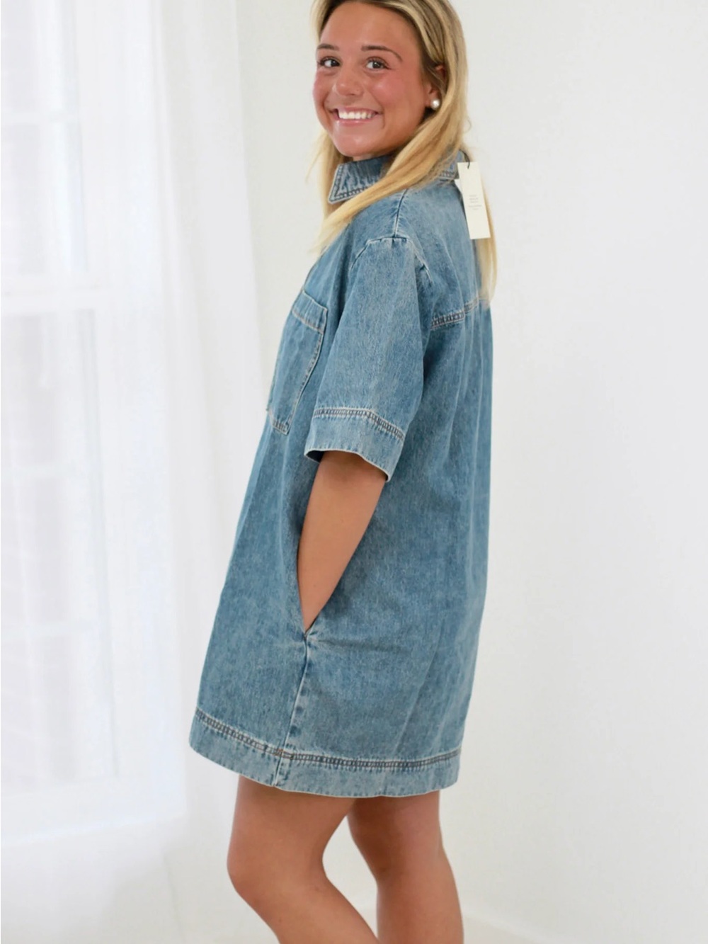 Relaxed Denim Shirt Mini Dress in Light Blue